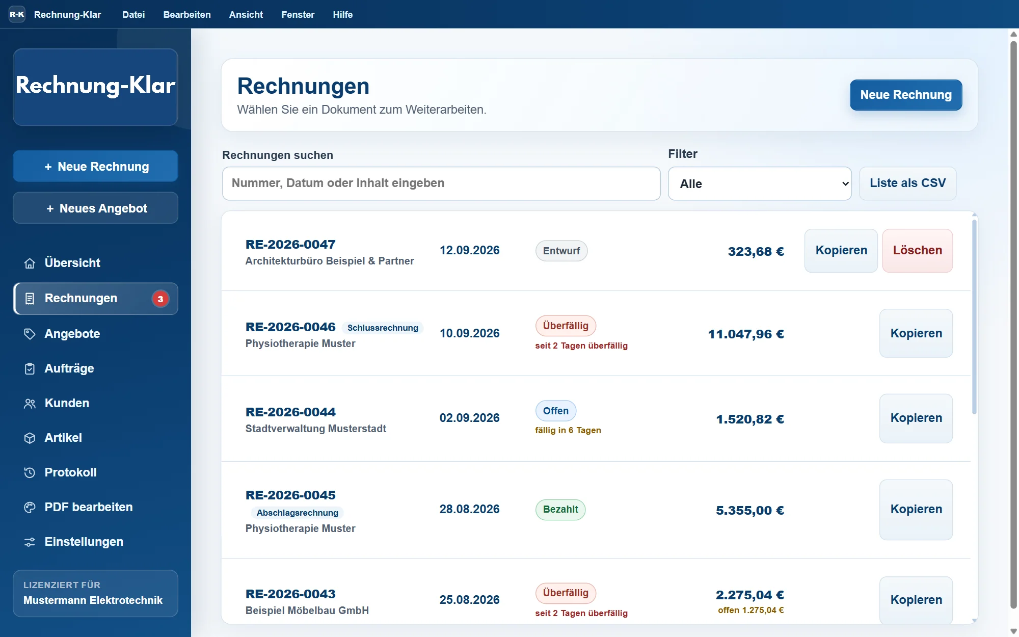 Rechnungsliste in Rechnung-Klar mit Status wie Entwurf, offen, bezahlt und teilweise bezahlt